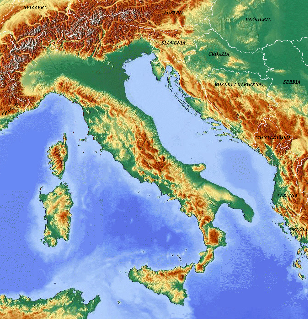 Mappa topografica dell'Italia | physicalmap.org